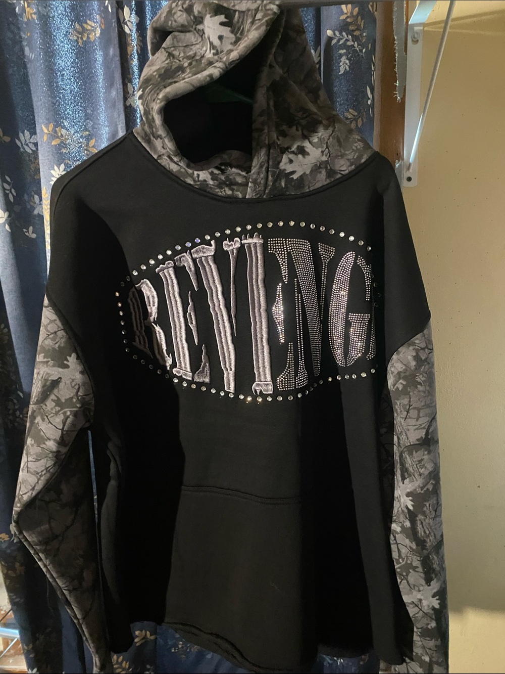 Black Hoodie with Studded Front Logo and Gray Camo Accents